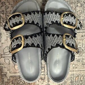 Loeffler Randall Gray Tweed Double-Buckle Slide Sandals with Gold Buckles